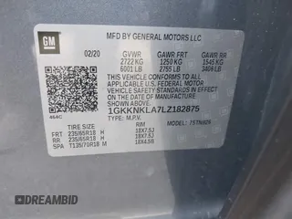 2020 GMC Acadia SLE z VIN 1GKKNKLA7LZ182875, wystawiony jako IAAI lot #42527918 z przebiegiem 54 264 mil mil oraz . Historia ofert i sprzedaży dostępna na DreamBid. Obrazek 9.