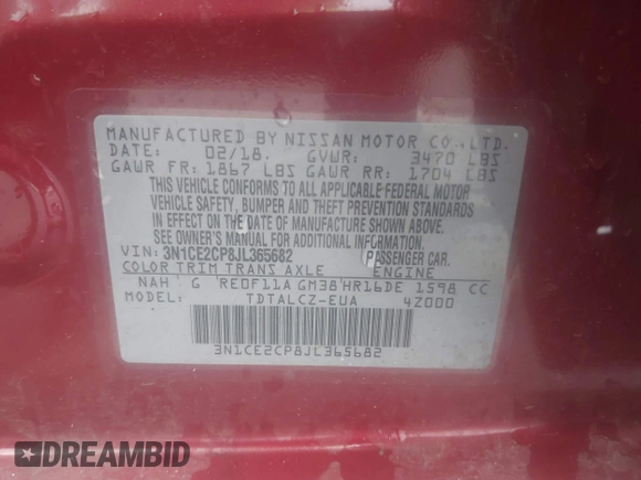 2018 Nissan Note SV with VIN 3N1CE2CP8JL365682, listed as a IAAI auction lot 42610723 with 57,718 mi miles and . Bid and sale history available at DreamBid. Image 9.
