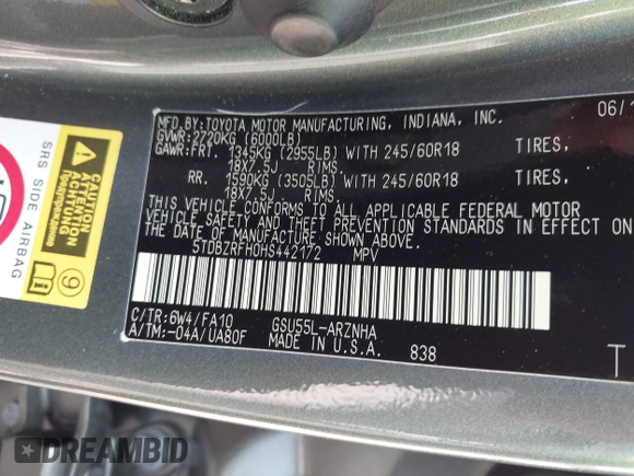 2017 Toyota Highlander LE with VIN 5TDBZRFH0HS442172, listed as a IAAI auction lot 42436089 with 95,437 mi miles and . Bid and sale history available at DreamBid. Image 9.