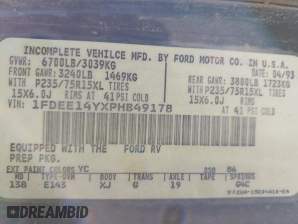 1993 Ford Econoline Cargo with VIN 1FDEE14YXPHB49178, listed as a IAAI auction lot 41754514 with Not Provided miles and . Bid and sale history available at DreamBid. Image 9.