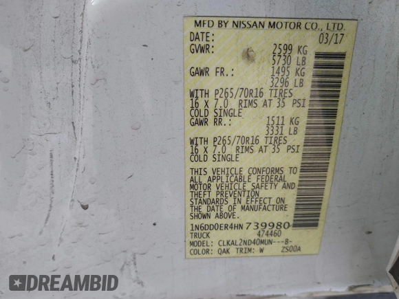 2017 Nissan Frontier SV с VIN 1N6DD0ER4HN739980, выставлен на аукционе IAAI как лот 41278440 с пробегом 123 444 миль миль и . История ставок и продаж доступна на DreamBid. Изображение 9.