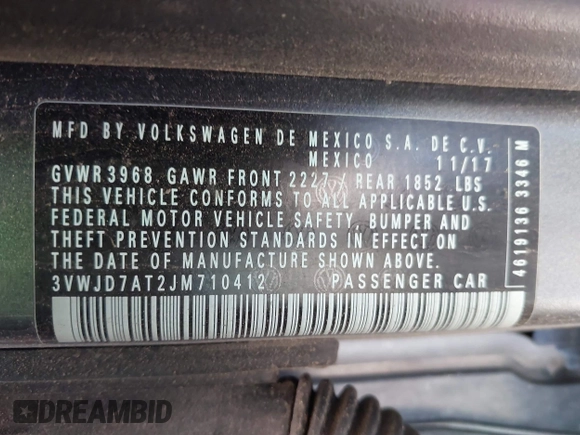 2018 Volkswagen Beetle SE with VIN 3VWJD7AT2JM710412, listed as a IAAI auction lot 41868455 with 1 mi miles. Bid and sale history available at carsss.com. Image 9.