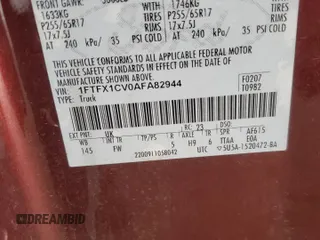 2010 Ford F-150 XL with VIN 1FTFX1CV0AFA82944, listed as a Copart auction lot 62912345 with 104,967 mi miles and Salvage title. Bid and sale history available at DreamBid. Image 12.