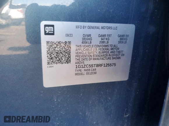 2024 Chevrolet Malibu LS with VIN 1G1ZC5ST8RF125575, listed as a Copart auction lot 48597765 with 8,735 mi miles and Salvage Title. Bid and sale history available at DreamBid. Image 13.