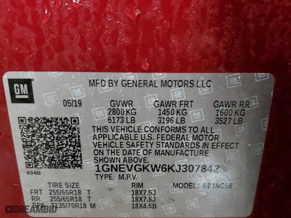 2019 Chevrolet Traverse LT Cloth with VIN 1GNEVGKW6KJ307842, listed as a Copart auction lot 42035805 with 67,565 mi miles and Clean Title. Bid and sale history available at carsss.com. Image 13.