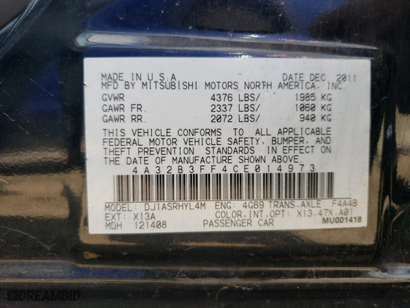2012 Mitsubishi Galant ES with VIN 4A32B3FF4CE014973, listed as a Copart auction lot 69513464 with 84,967 mi miles and Salvage Title. Bid and sale history available at carsss.com. Image 12.