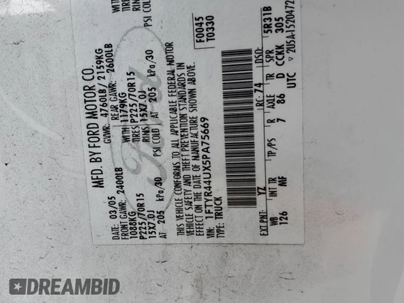 2005 Ford Ranger XLT with VIN 1FTYR44UX5PA75669, listed as a Copart auction lot 56797055 with 138,222 mi miles and Salvage title. Bid and sale history available at DreamBid. Image 12.