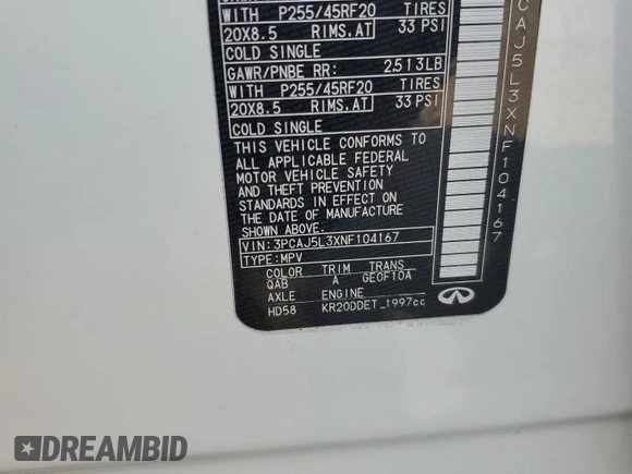 2022 Infiniti QX55 Sensory with VIN 3PCAJ5L3XNF104167, listed as a Copart auction lot 54760535 with Not provided miles and Salvage title. Bid and sale history available at DreamBid. Image 13.