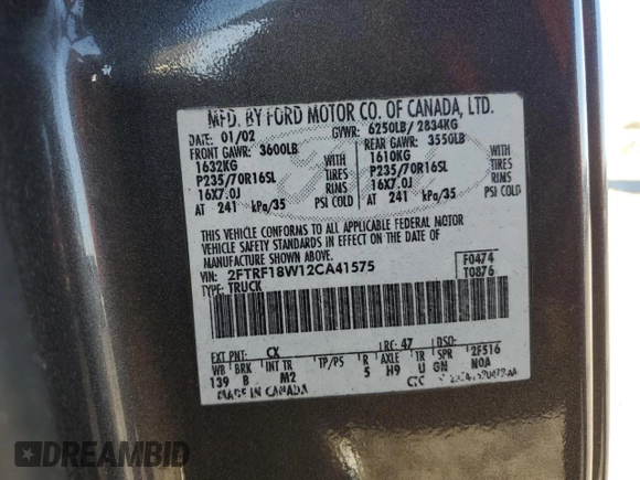 2002 Ford F-150 XL z VIN 2FTRF18W12CA41575, wystawiony jako Copart lot #75248554 z przebiegiem Nie podano mil oraz Szkoda całkowita • Salvage title. Historia ofert i sprzedaży dostępna na DreamBid. Obrazek 13.