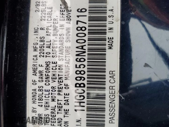 1992 Honda Accord LX with VIN 1HGCB9856NA008716, listed as a Copart auction lot 87324824 with 181,735 mi miles and Salvage Title. Bid and sale history available at DreamBid. Image 15.