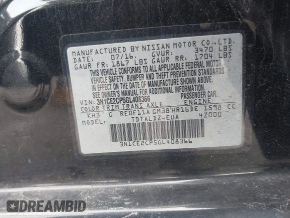 2016 Nissan Note S with VIN 3N1CE2CP5GL408366, listed as a IAAI auction lot 41968120 with 94,755 mi miles and . Bid and sale history available at DreamBid. Image 9.