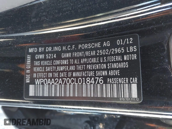2012 Porsche Panamera with VIN WP0AA2A70CL018476, listed as a IAAI auction lot 41229433 with Not Provided miles and . Bid and sale history available at DreamBid. Image 9.
