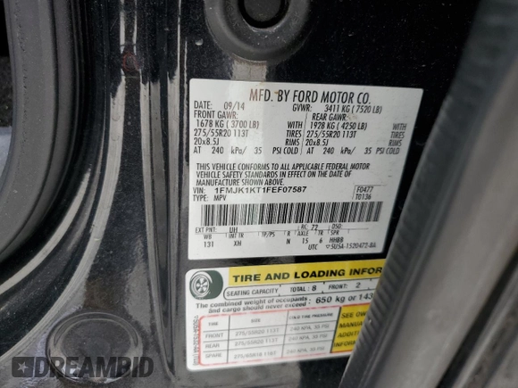 2015 Ford Expedition Max Limited with VIN 1FMJK1KT1FEF07587, listed as a Copart auction lot 62125415 with 160,729 mi miles and Salvage title. Bid and sale history available at DreamBid. Image 14.