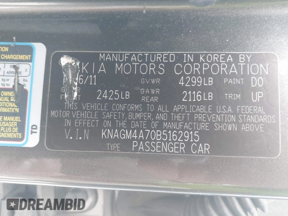 2011 Kia Optima LX with VIN KNAGM4A70B5162915, listed as a IAAI auction lot 42094325 with 156,169 mi miles and . Bid and sale history available at carsss.com. Image 9.