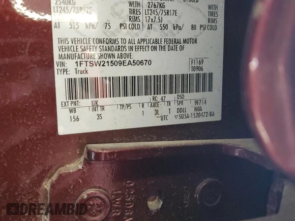 2009 Ford F-250 XL with VIN 1FTSW21509EA50670, listed as a Copart auction lot 83538184 with 112,091 mi miles and Salvage title. Bid and sale history available at DreamBid. Image 13.