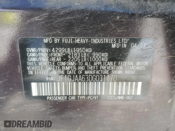 2013 Subaru Impreza с VIN JF1GJAA63DG031170, выставлен на аукционе Copart как лот 88088685 с пробегом 74 237 миль миль и Списание • Salvage title. История ставок и продаж доступна на DreamBid. Изображение 12.