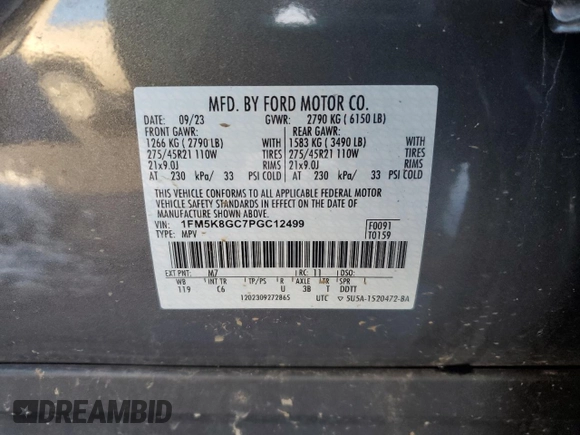 2023 Ford Explorer ST with VIN 1FM5K8GC7PGC12499, listed as a Copart auction lot 43004895 with 9,485 mi miles and Salvage Title. Bid and sale history available at carsss.com. Image 14.