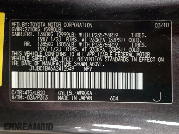 2010 Lexus RX 450h with VIN JTJBC1BA6A2412549, listed as a Copart auction lot 53206825 with 242,407 mi miles and Clean title. Bid and sale history available at DreamBid. Image 13.