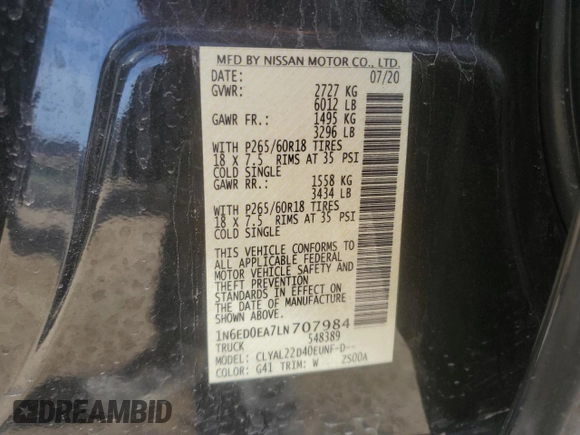 2020 Nissan Frontier SV z VIN 1N6ED0EA7LN707984, wystawiony jako Copart lot #49252205 z przebiegiem 47 629 mil mil oraz Czysty tytuł • Clean title. Historia ofert i sprzedaży dostępna na DreamBid. Obrazek 13.