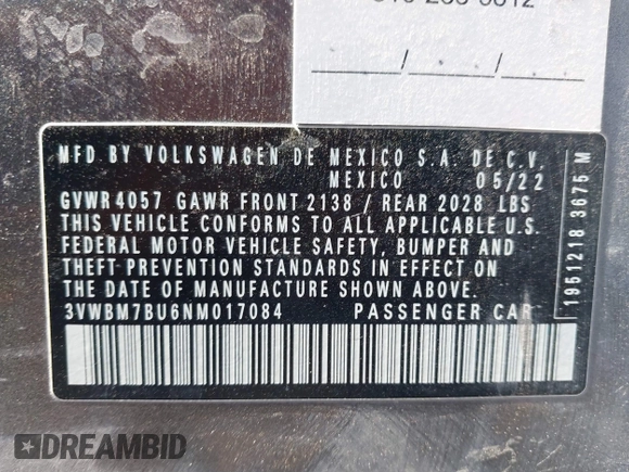 2022 Volkswagen Jetta Sport with VIN 3VWBM7BU6NM017084, listed as a IAAI auction lot 41784555 with 60,364 mi miles and . Bid and sale history available at DreamBid. Image 9.