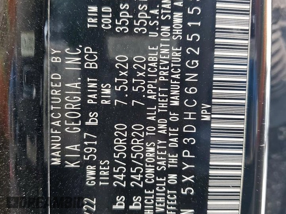 2022 Kia Telluride EX with VIN 5XYP3DHC6NG251537, listed as a Copart auction lot 54061075 with 16,931 mi miles and Salvage Title. Bid and sale history available at carsss.com. Image 13.