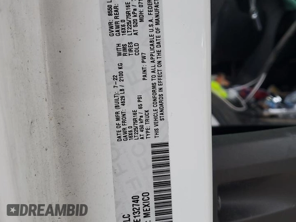 2022 Ram ProMaster Cargo with VIN 3C6LRVNG2NE132740, listed as a Copart auction lot 43254665 with 32,542 mi miles and Clean Title. Bid and sale history available at DreamBid. Image 12.