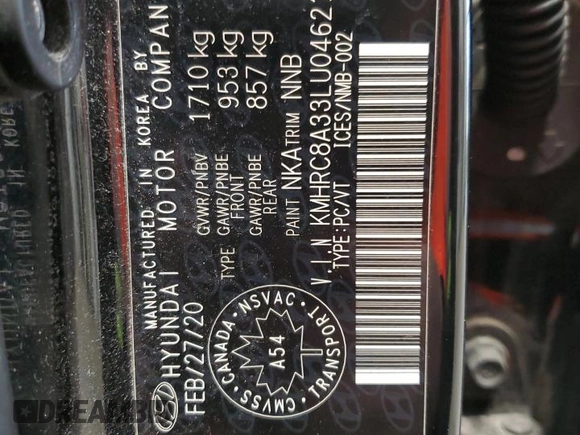 2020 Hyundai Venue SEL with VIN KMHRC8A33LU046212, listed as a Copart auction lot 54235985 with 85,306 mi miles and Salvage Title. Bid and sale history available at carsss.com. Image 13.