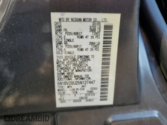 2005 Nissan Quest SE with VIN 5N1BV28U25N127447, listed as a Copart auction lot 68610624 with 0 mi miles and Salvage Title. Bid and sale history available at carsss.com. Image 15.