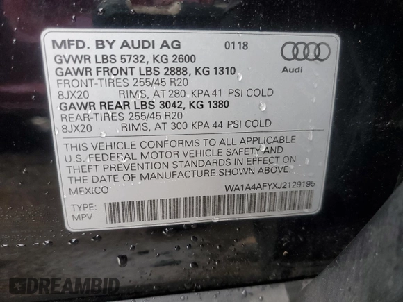 2018 Audi SQ5 Premium Plus with VIN WA1A4AFYXJ2129195, listed as a Copart auction lot 79537713 with 110,784 mi miles and . Bid and sale history available at DreamBid. Image 13.