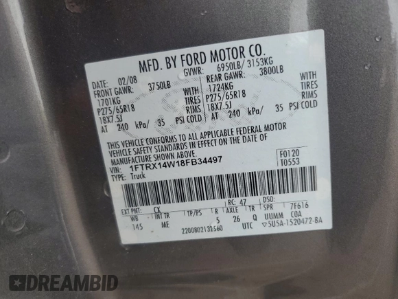 2008 Ford F-150 STX with VIN 1FTRX14W18FB34497, listed as a Copart auction lot 60402785 with 662,117 mi miles and Salvage title. Bid and sale history available at DreamBid. Image 12.
