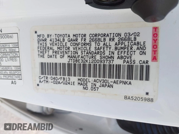2002 Toyota Camry LE z VIN JTDBE32K120093737, wystawiony jako IAAI lot #41214245 z przebiegiem Nie podano mil oraz . Historia ofert i sprzedaży dostępna na DreamBid. Obrazek 9.