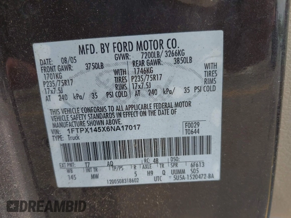 2006 Ford F-150 XLT z VIN 1FTPX145X6NA17017, wystawiony jako IAAI lot #42412659 z przebiegiem 218 939 mil mil oraz . Historia ofert i sprzedaży dostępna na DreamBid. Obrazek 9.