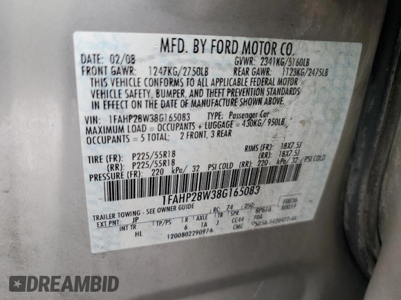 2008 Ford Taurus Limited with VIN 1FAHP28W38G165083, listed as a Copart auction lot 88058475 with 161,973 mi miles and Salvage Title. Bid and sale history available at carsss.com. Image 12.