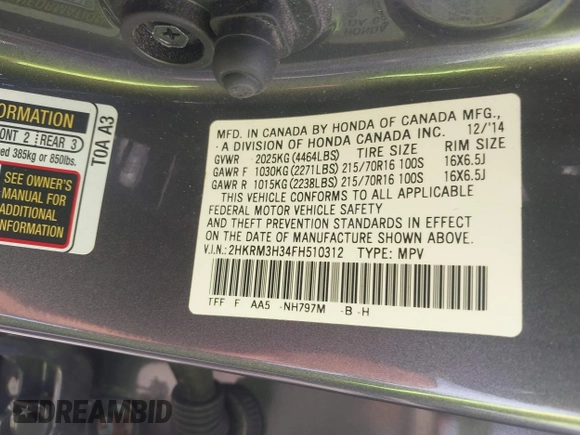 2015 Honda CR-V LX with VIN 2HKRM3H34FH510312, listed as a IAAI auction lot 41952816 with 111,712 mi miles and . Bid and sale history available at carsss.com. Image 9.