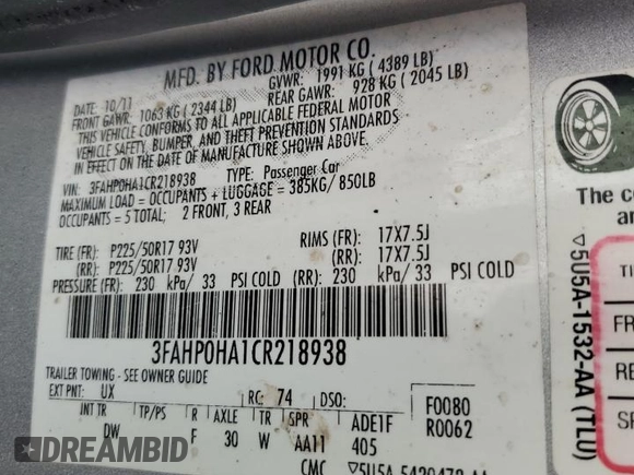 2012 Ford Fusion SE z VIN 3FAHP0HA1CR218938, wystawiony jako Copart lot #59588135 z przebiegiem 111 243 mil mil oraz Szkoda całkowita • Salvage title. Historia ofert i sprzedaży dostępna na DreamBid. Obrazek 12.