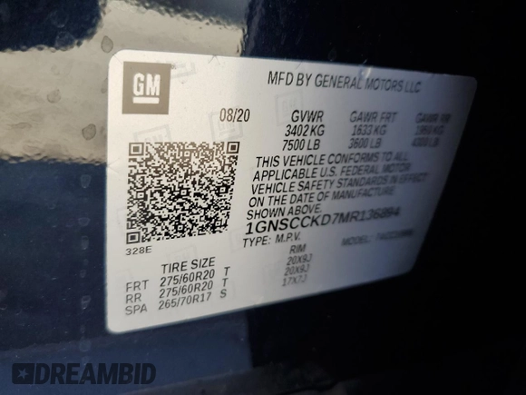 2021 Chevrolet Suburban LT z VIN 1GNSCCKD7MR136894, wystawiony jako Copart lot #48788605 z przebiegiem 57 933 mil mil oraz Szkoda całkowita • Salvage title. Historia ofert i sprzedaży dostępna na DreamBid. Obrazek 13.