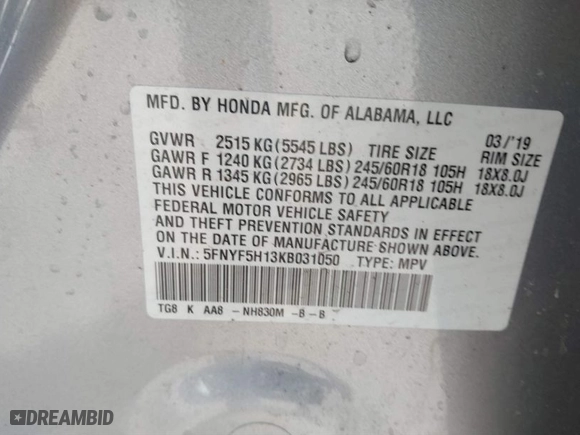 2019 Honda Pilot LX with VIN 5FNYF5H13KB031050, listed as a IAAI auction lot 41529822 with 51,328 mi miles. Bid and sale history available at carsss.com. Image 9.
