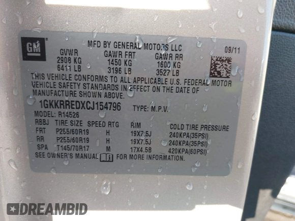 2012 GMC Acadia SLT1 with VIN 1GKKRREDXCJ154796, listed as a IAAI auction lot 42020825 with 71,464 mi miles. Bid and sale history available at carsss.com. Image 9.