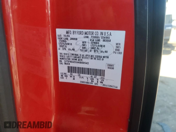 2004 Ford F-150 XLT z VIN 1FTPX04554KB00542, wystawiony jako Copart lot #61126595 z przebiegiem 141 704 mil mil oraz Szkoda całkowita • Salvage title. Historia ofert i sprzedaży dostępna na DreamBid. Obrazek 12.