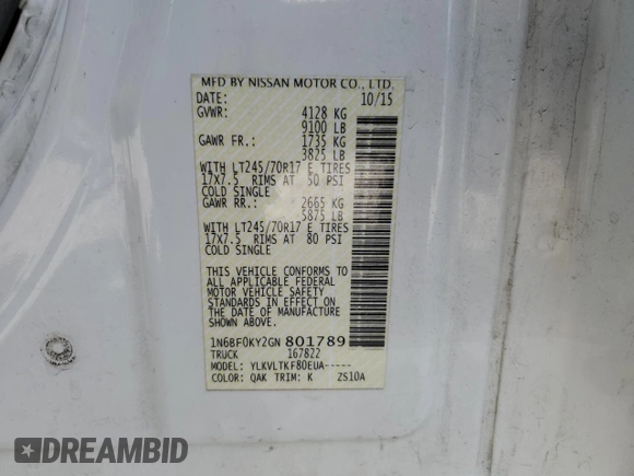 2016 Nissan NV SL with VIN 1N6BF0KY2GN801789, listed as a Copart auction lot 50905255 with 171,514 mi miles and Salvage title. Bid and sale history available at DreamBid. Image 16.