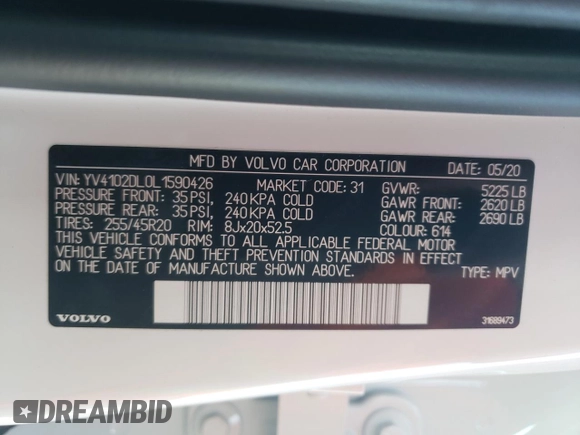 2020 Volvo XC60 Inscription with VIN YV4102DL0L1590426, listed as a Copart auction lot 83150784 with 49,154 mi miles and Salvage title. Bid and sale history available at DreamBid. Image 16.