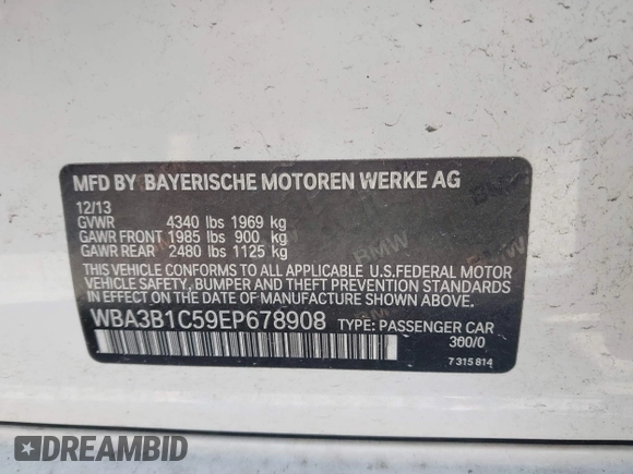 2014 BMW 3 Series 320i with VIN WBA3B1C59EP678908, listed as a IAAI auction lot 41774738 with 143,975 mi miles. Bid and sale history available at carsss.com. Image 9.