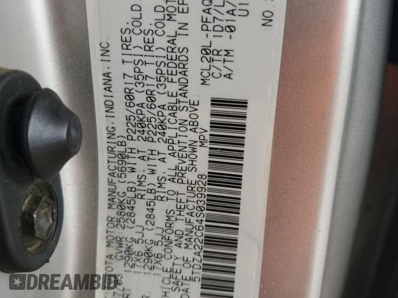 2004 Toyota Sienna XLE with VIN 5TDZA22C64S039928, listed as a Copart auction lot 55901015 with 238,612 mi miles and Clean Title. Bid and sale history available at DreamBid. Image 13.