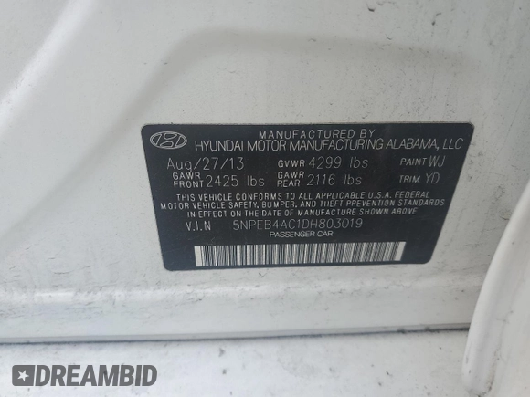 2013 Hyundai Sonata GLS with VIN 5NPEB4AC1DH803019, listed as a Copart auction lot 54192145 with 166,456 mi miles and Salvage Title. Bid and sale history available at carsss.com. Image 12.