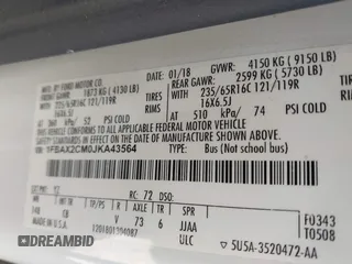 2018 Ford Transit Passenger XL с VIN 1FBAX2CM0JKA43564, выставлен на аукционе IAAI как лот 41643758 с пробегом 54 755 миль миль и . История ставок и продаж доступна на DreamBid. Изображение 9.