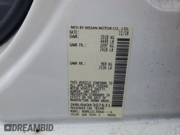 2019 Nissan Altima SL with VIN 1N4BL4EW1KN307631, listed as a Copart auction lot 49911185 with 78,047 mi miles and Salvage Title. Bid and sale history available at carsss.com. Image 14.