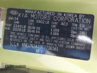 2014 Kia Soul with VIN KNDJN2A23E7736561, listed as a IAAI auction lot 42084212 with 114,555 mi miles and . Bid and sale history available at DreamBid. Image 9.