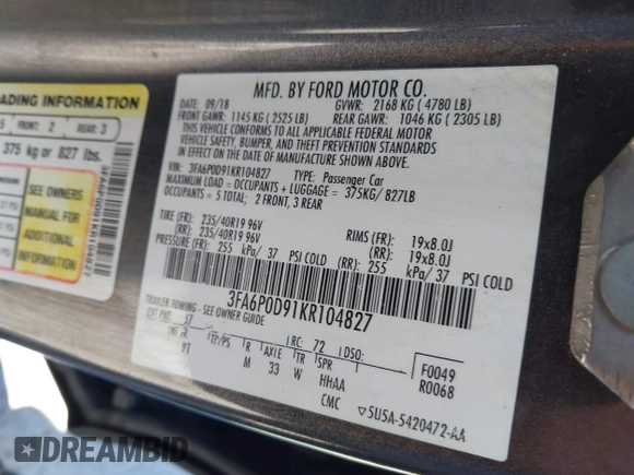 2019 Ford Fusion Titanium with VIN 3FA6P0D91KR104827, listed as a IAAI auction lot 42221526 with 141,316 mi miles and . Bid and sale history available at DreamBid. Image 9.