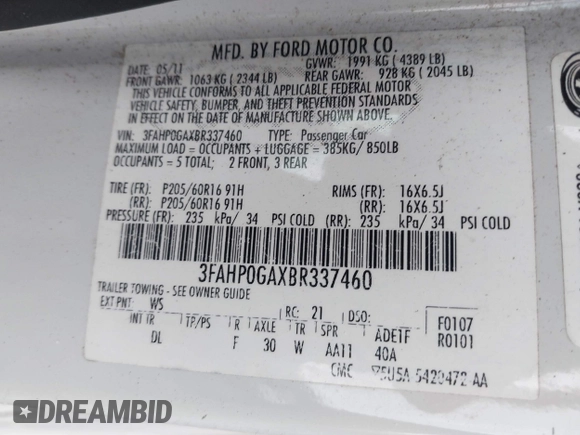 2011 Ford Fusion S with VIN 3FAHP0GAXBR337460, listed as a IAAI auction lot 41727079 with 247,696 mi miles. Bid and sale history available at carsss.com. Image 9.