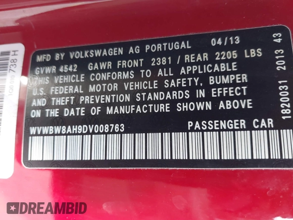2013 Volkswagen Eos Komfort with VIN WVWBW8AH9DV008763, listed as a IAAI auction lot 41893700 with 53,766 mi miles and . Bid and sale history available at DreamBid. Image 9.